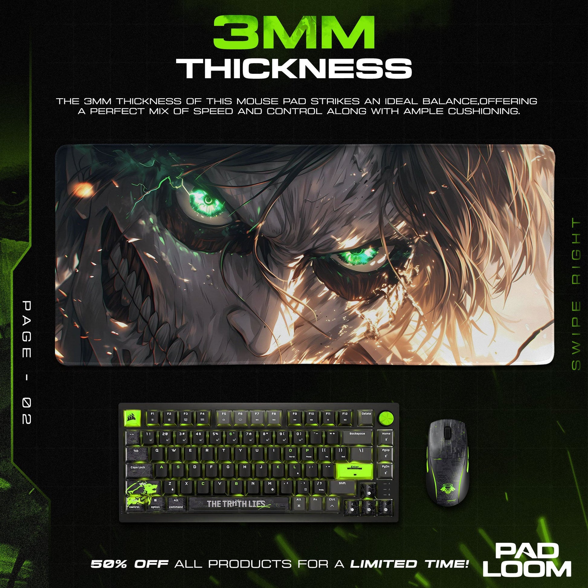 Eren Yeager Mouse Pad, Green Eyes Titan Gaming Desk Mat Padloom