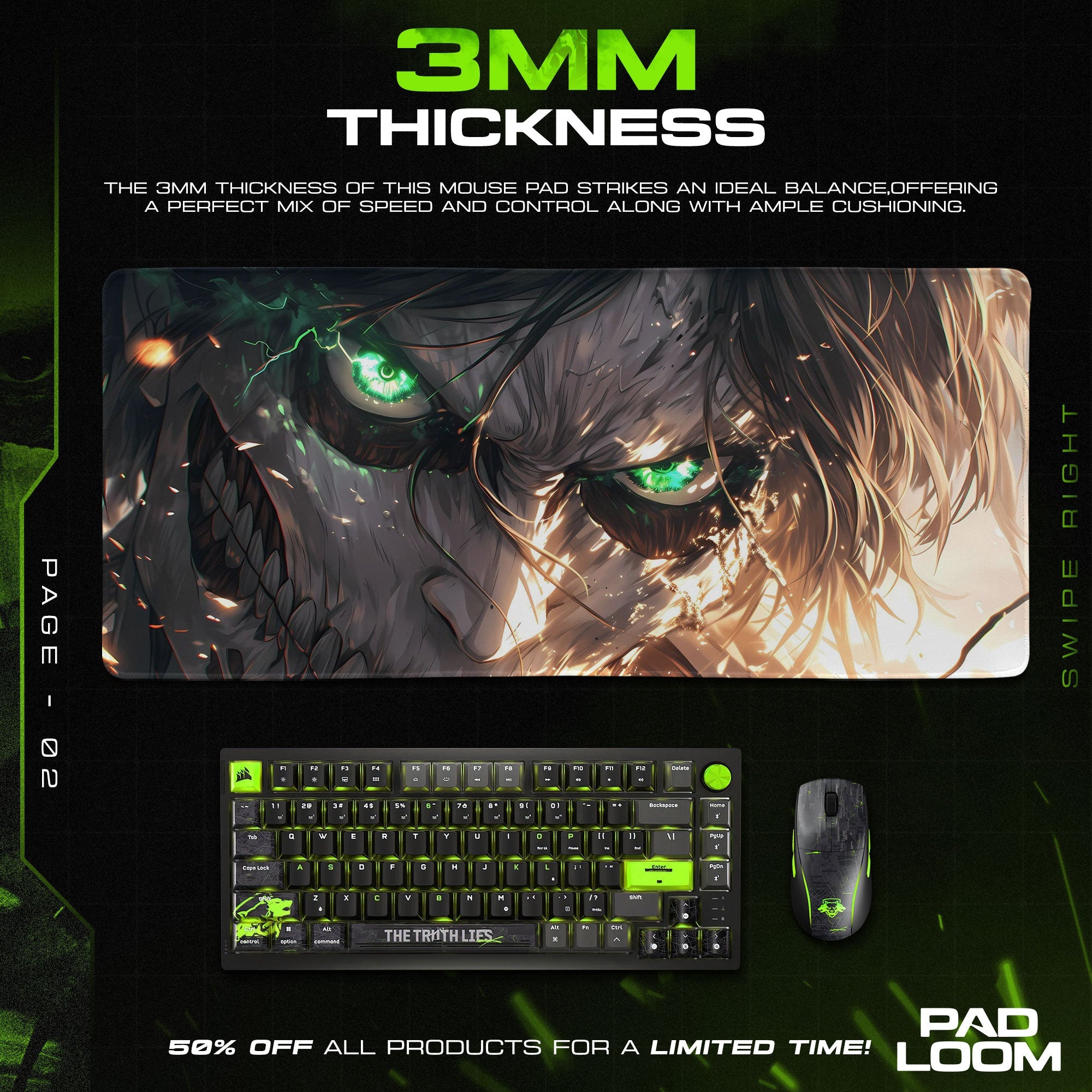 Eren Yeager Mouse Pad, Green Eyes Titan Gaming Desk Mat Padloom