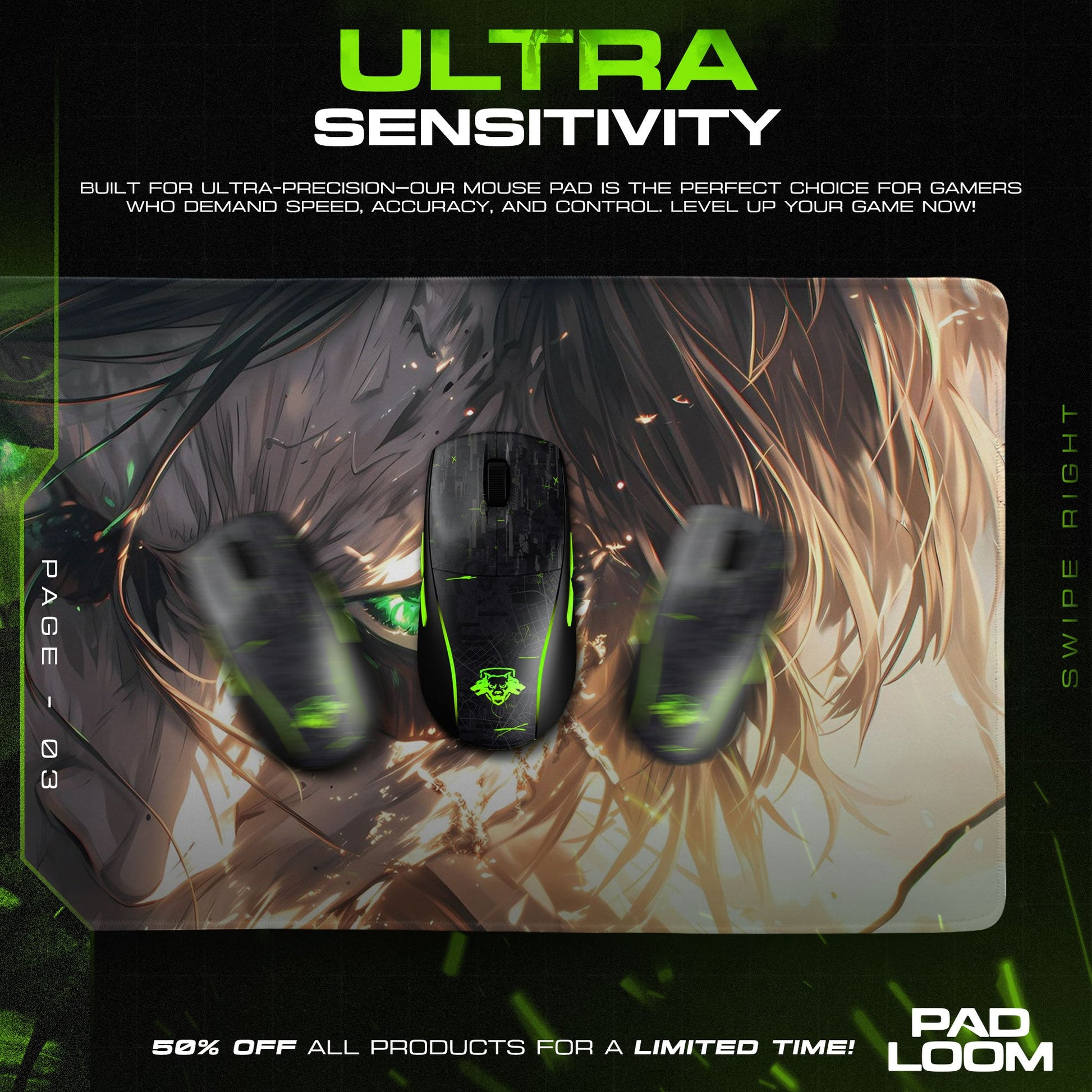 Eren Yeager Mouse Pad, Green Eyes Titan Gaming Desk Mat Padloom