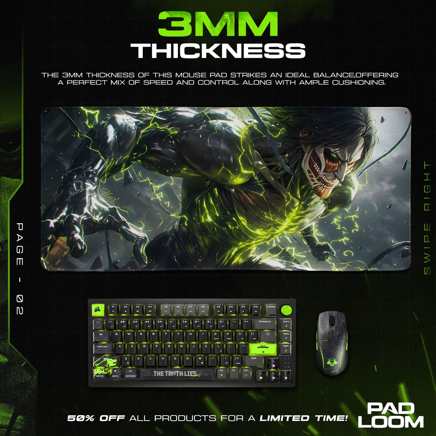 Eren Yeager Mouse Pad, Titan Surge Gaming Desk Mat Padloom