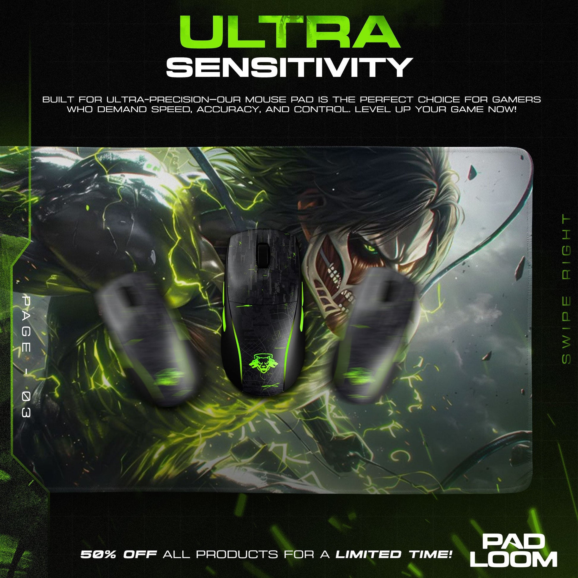 Eren Yeager Mouse Pad, Titan Surge Gaming Desk Mat Padloom