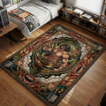 Eren Yeager Attack Titan form roaring amidst swirling chains and steam in a vintage ornate tapestry style area rug and floor mat