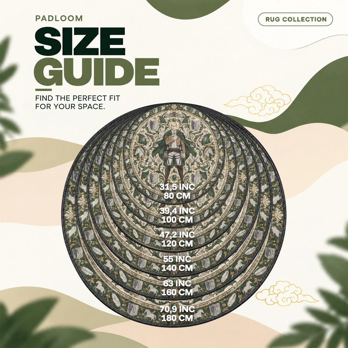 Erwin Salute round rug size guide, 80 to 180 cm (31.5 to 70.9 in)