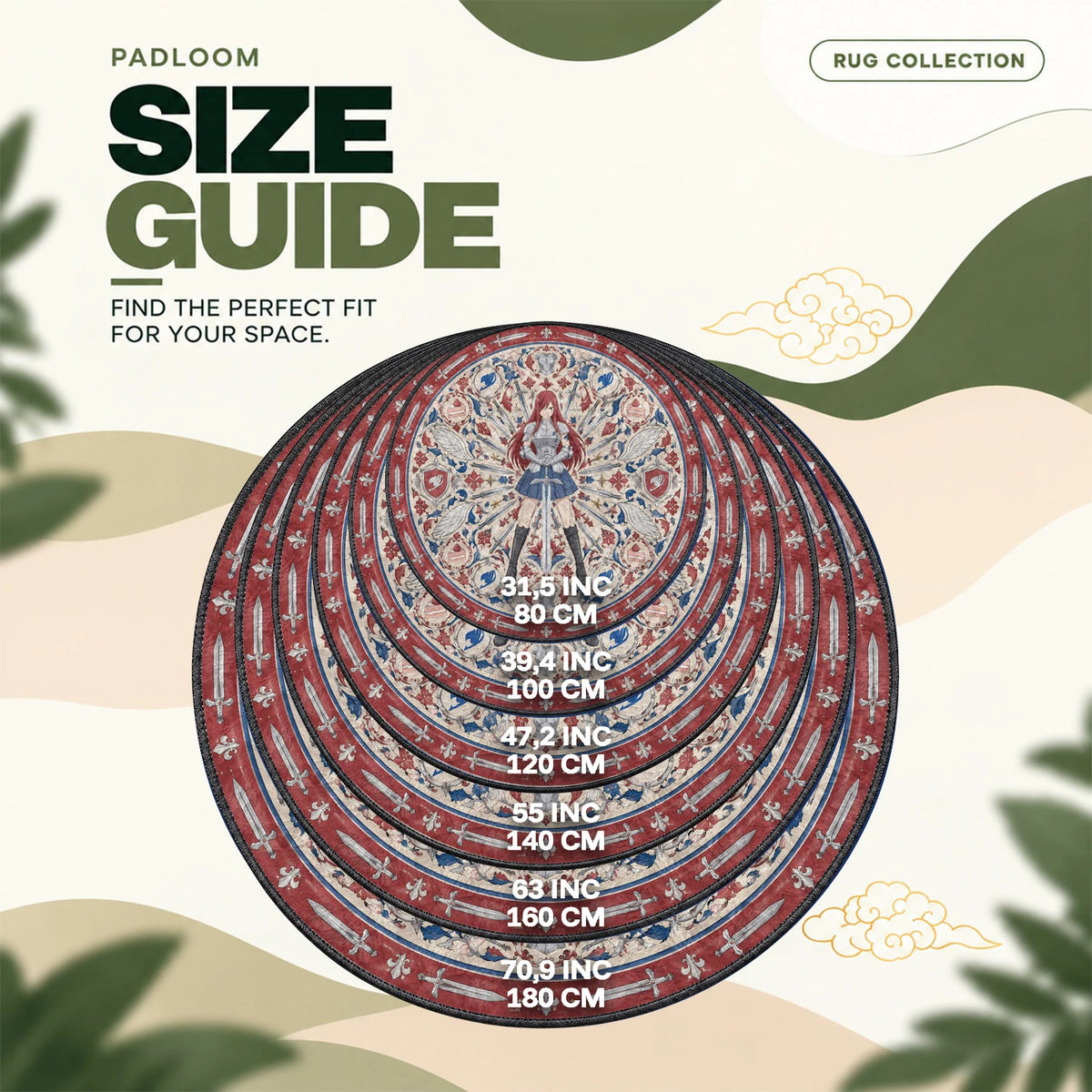 Erza Armor round rug size guide, 80 to 180 cm (31.5 to 70.9 in)