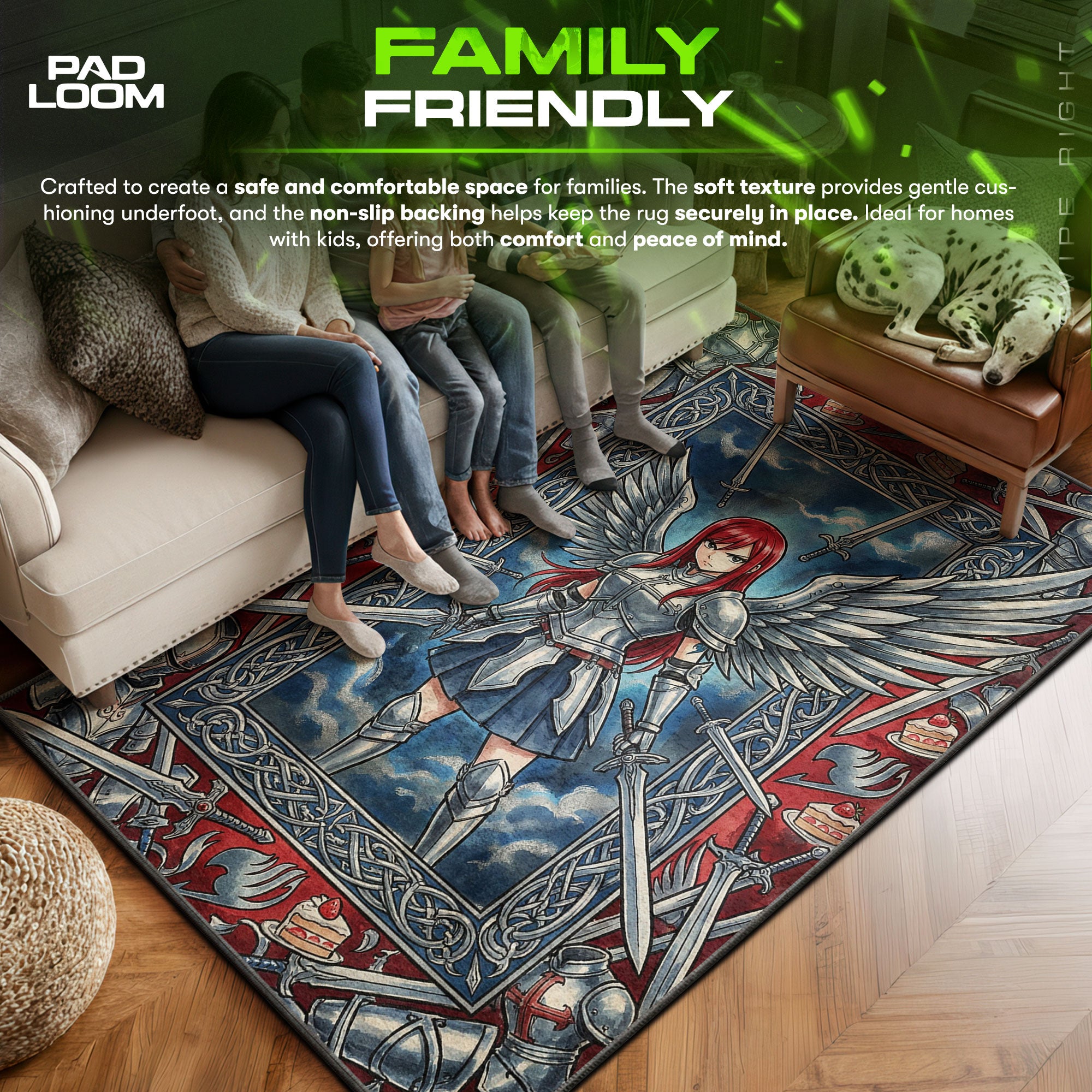 Erza area rug showing full home decor artwork