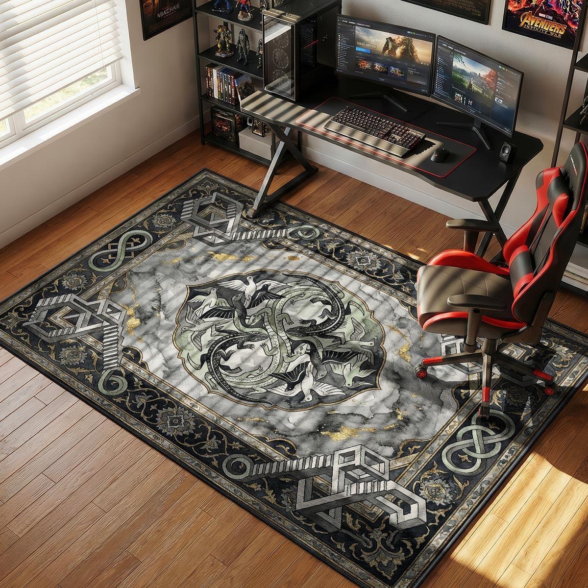 Surreal geometry rug placed in a modern home office with black desk and white walls