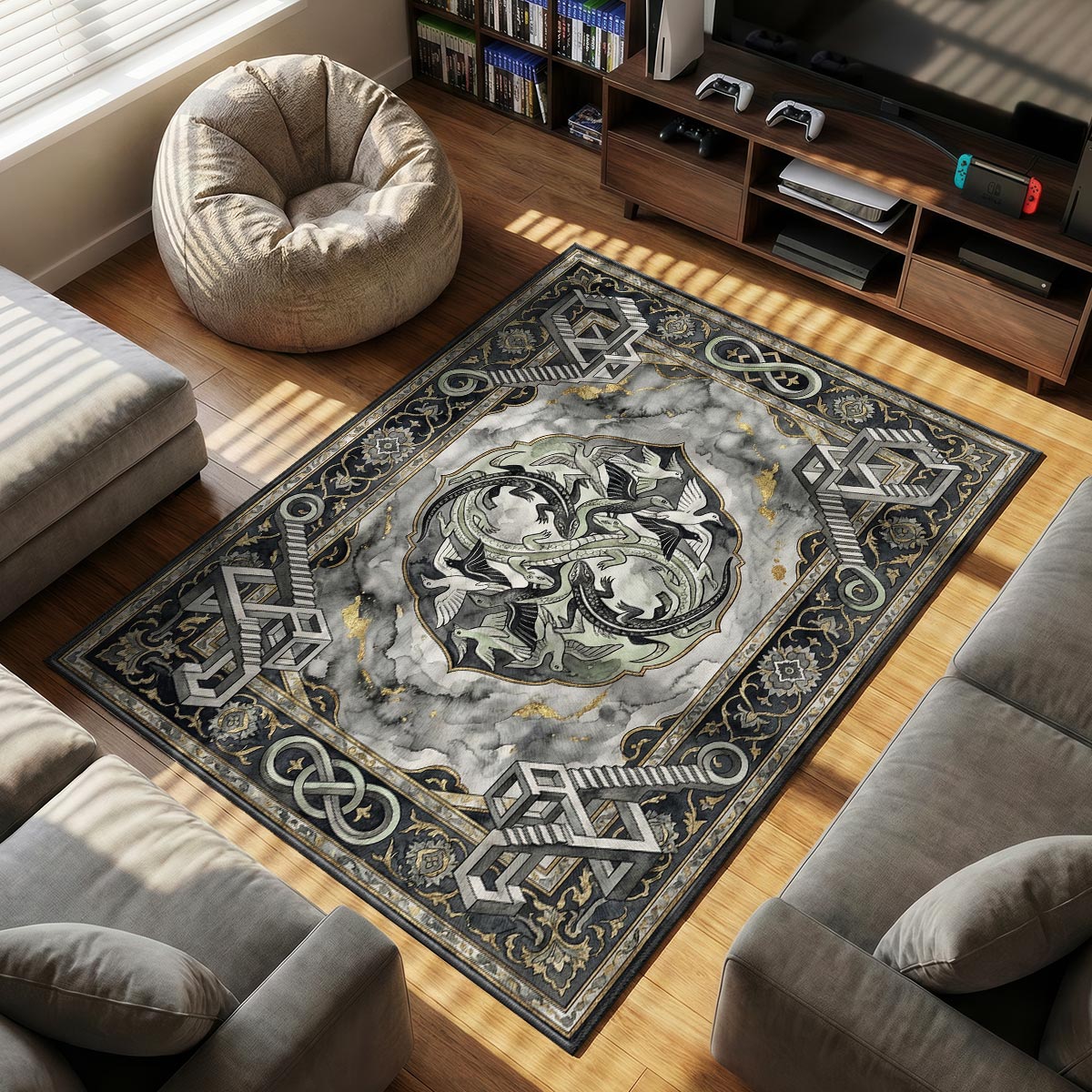 Close-up of Escher serpent rug showing impossible staircase corner and gold-leaf marble veining