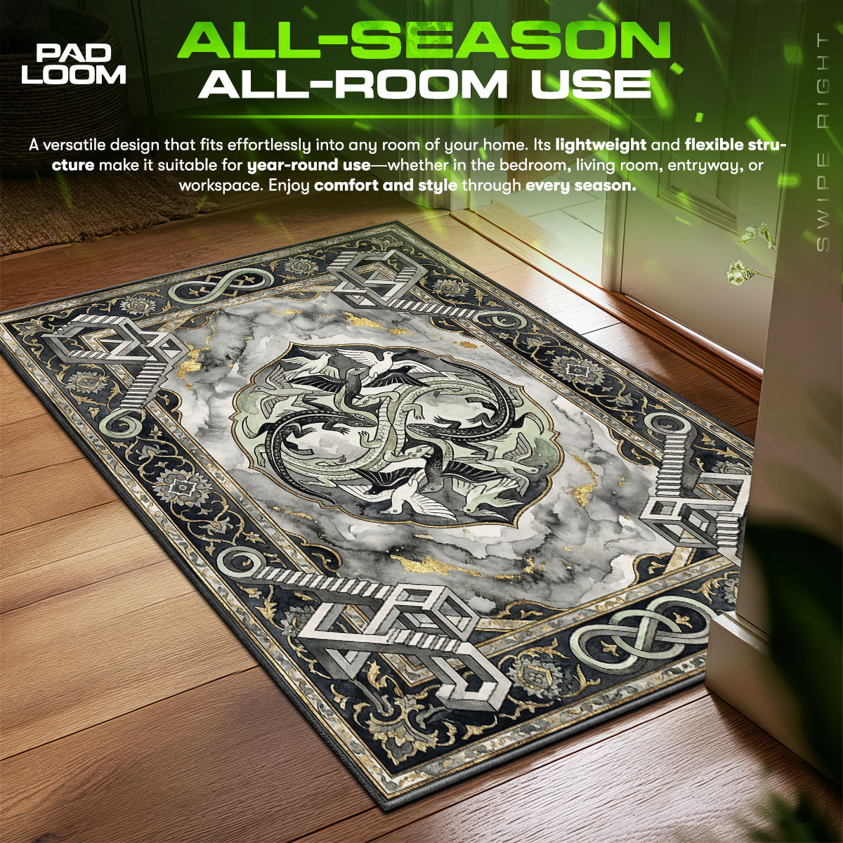 Detailed close-up of Escher rug pattern