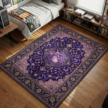 Espeon sitting elegantly surrounded by sun symbols and purple floral scrollwork in a traditional pattern area rug and floor mat