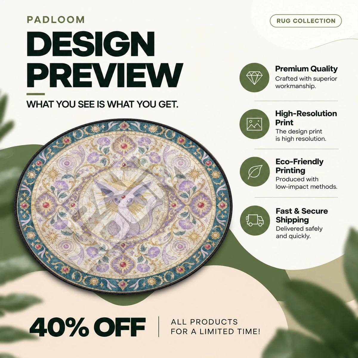 Espeon Sunburst Pokemon round rug full design preview