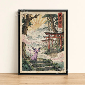 Espeon Torii Pokemon poster - framed canvas wall art in a black frame