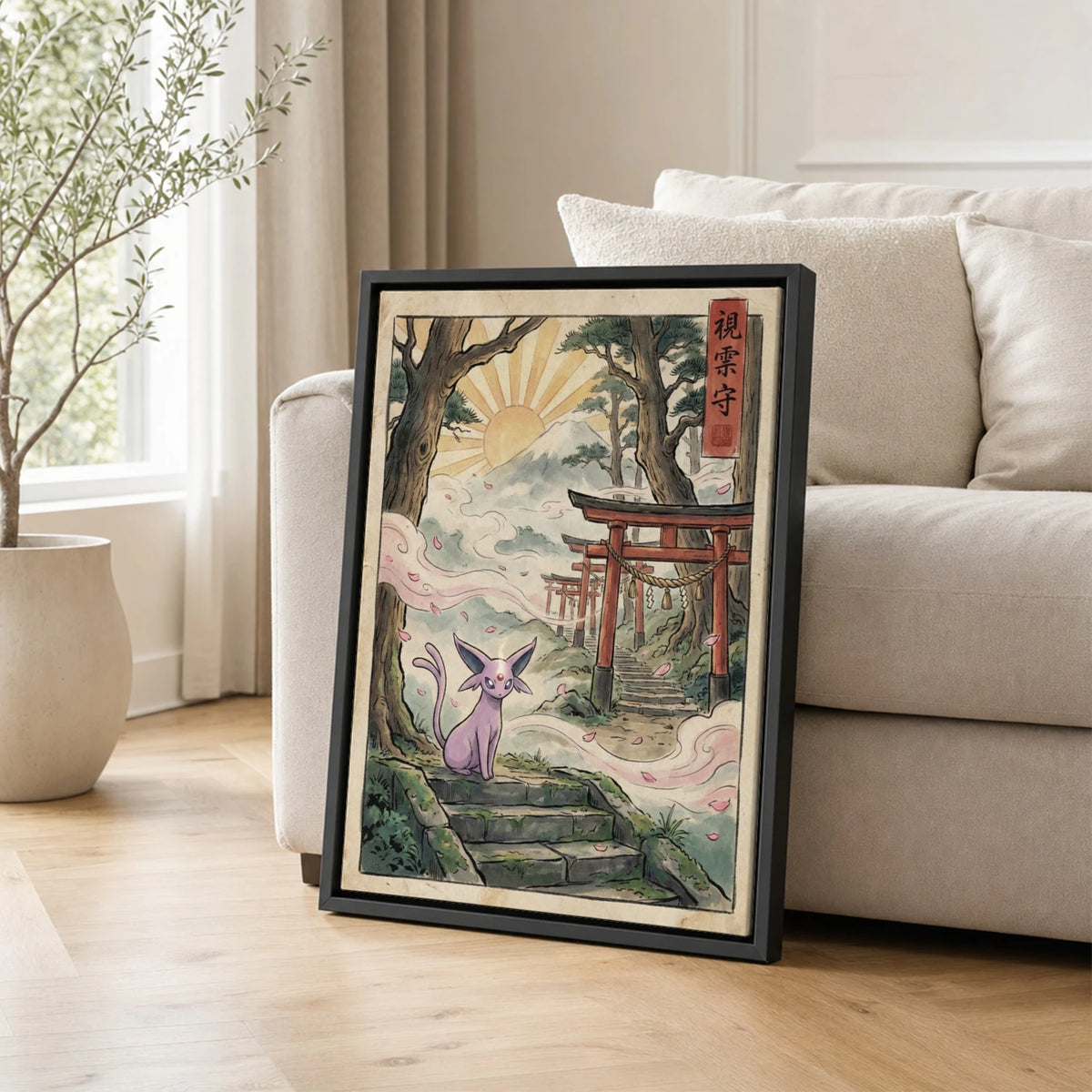 Espeon Torii Pokemon poster leaning beside a sofa - living room wall art