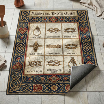 Nine illustrated rope knots kitchen floor mat with bowline and figure eight on navy Celtic border