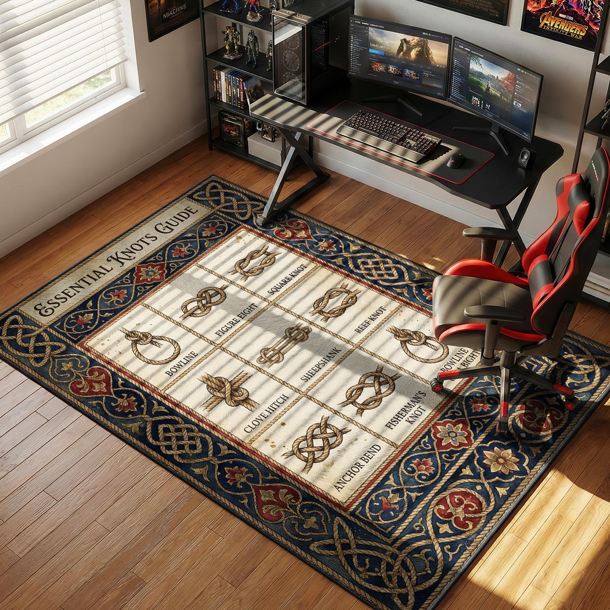 Essential knots nautical kitchen rug on dark hardwood floor near brass fixtures and a porthole window