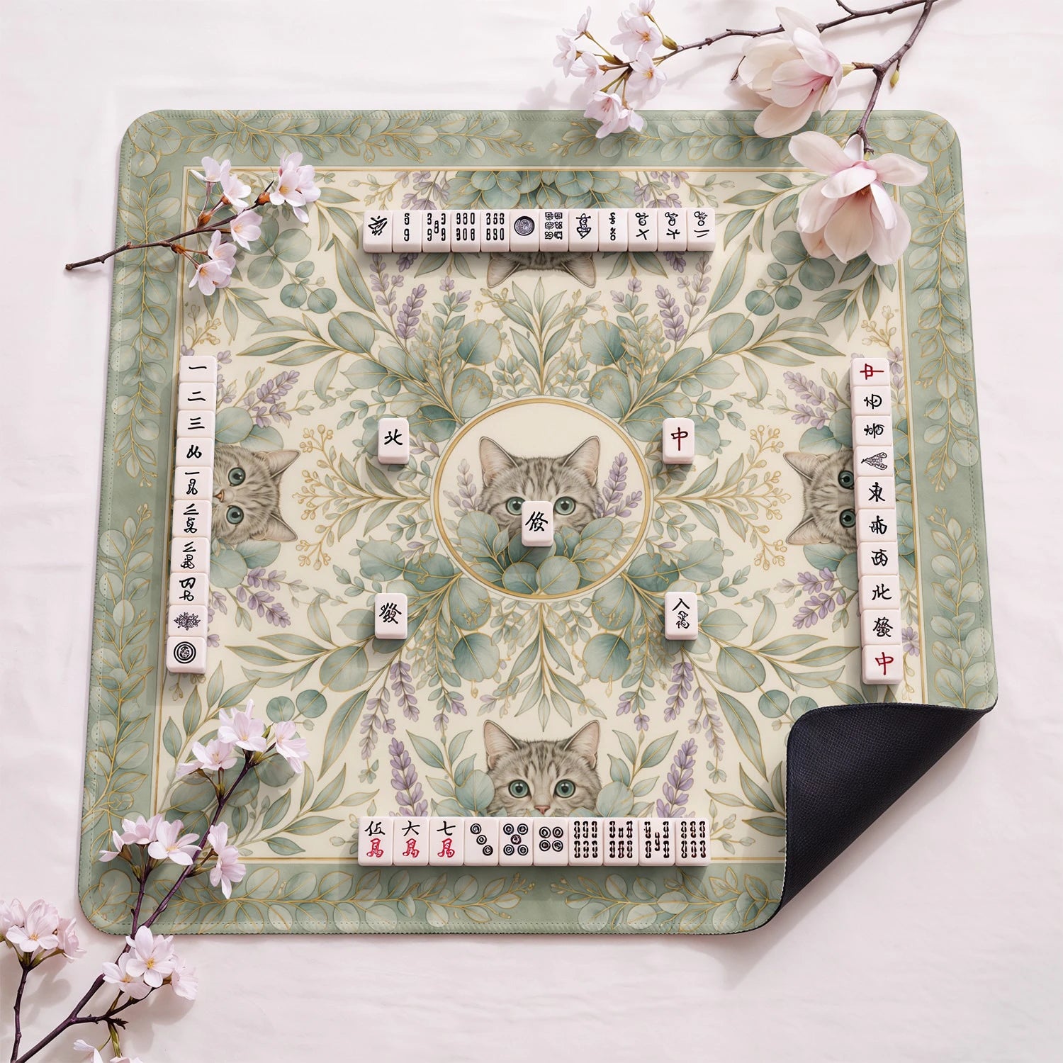 Eucalyptus Cat design close-up on mahjong mat surface