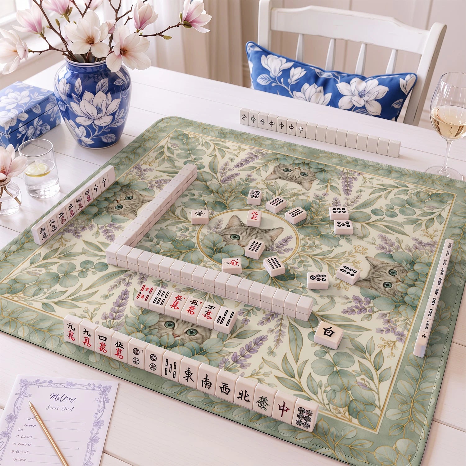 Eucalyptus Cat mahjong mat – M (60x60 cm) and L (81x81 cm) sizes