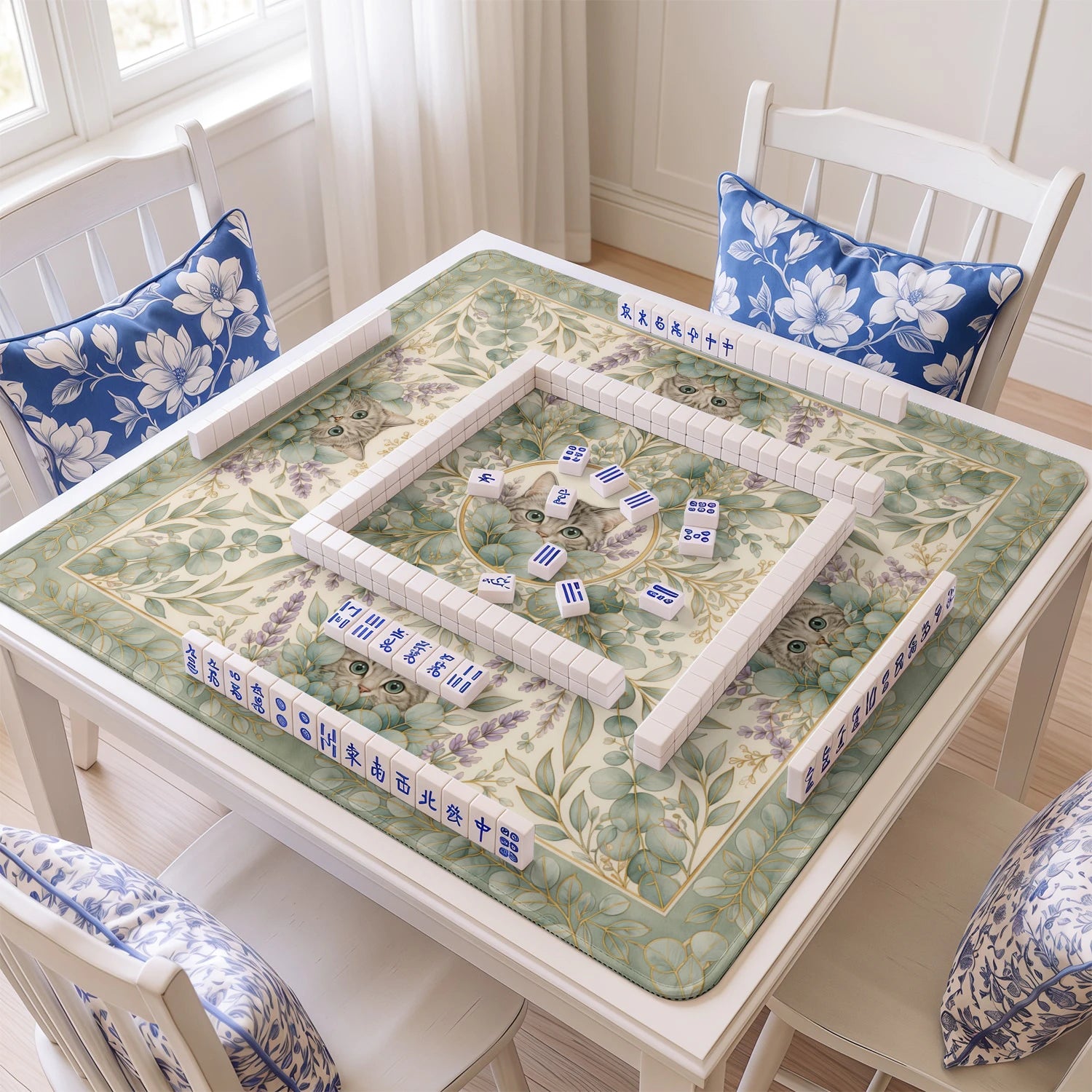 Eucalyptus Cat mahjong mat with tiles and racks on the table