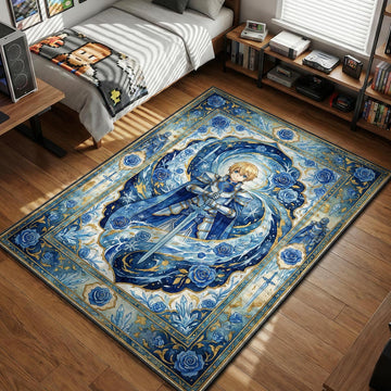 Eugeo holding Blue Rose Sword surrounded by blue roses and ice crystals in ornate border area rug and floor mat