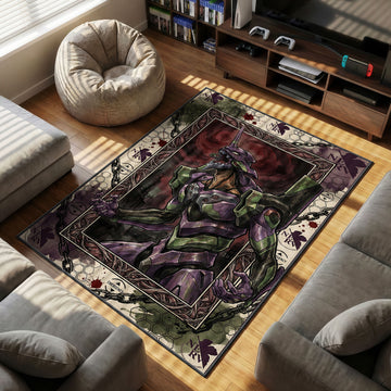 Illustration of Neon Genesis Evangelion Unit-01 in berserk mode roaring within a frame, surrounded by NERV logos, broken chains, and emergency hex patterns on a beige background.