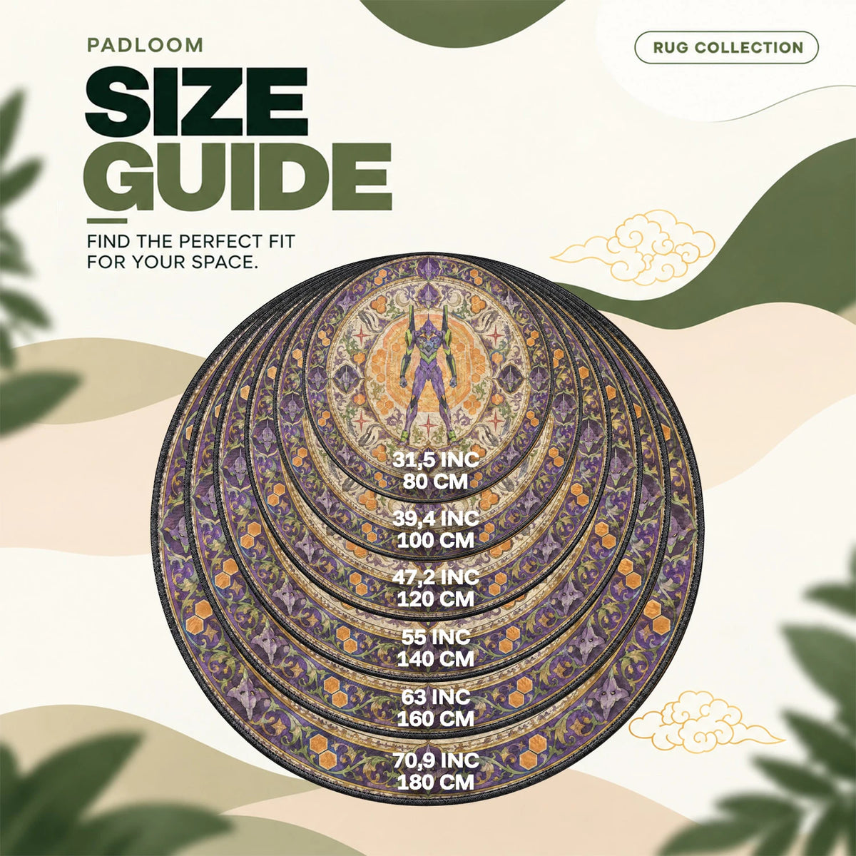Eva-01 Standing round rug size guide, 80 to 180 cm (31.5 to 70.9 in)