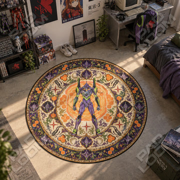 Eva-01 Standing Evangelion round rug on a bedroom floor - Evangelion chair mat