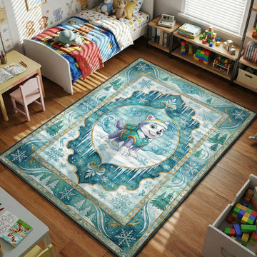 Everest snow pup PAW Patrol kids area rug with snowflakes and pines on teal winter tapestry