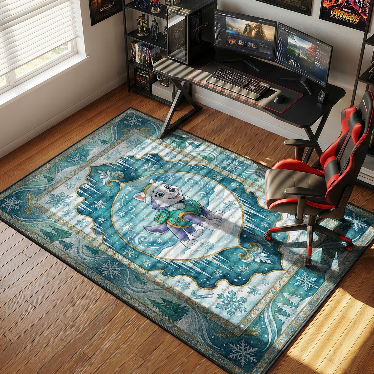 Everest PAW Patrol rug placed in a child's bedroom with white furniture and teal accent pillows