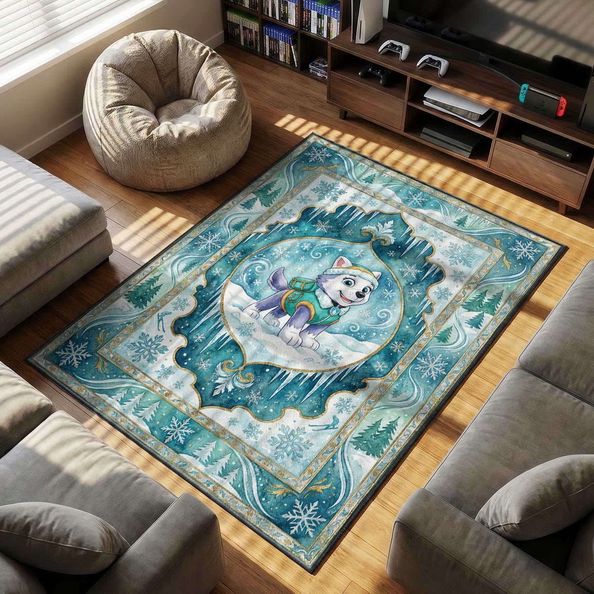 Close-up of Everest area rug showing icicle detail and teal dye-sublimation on plush velvet