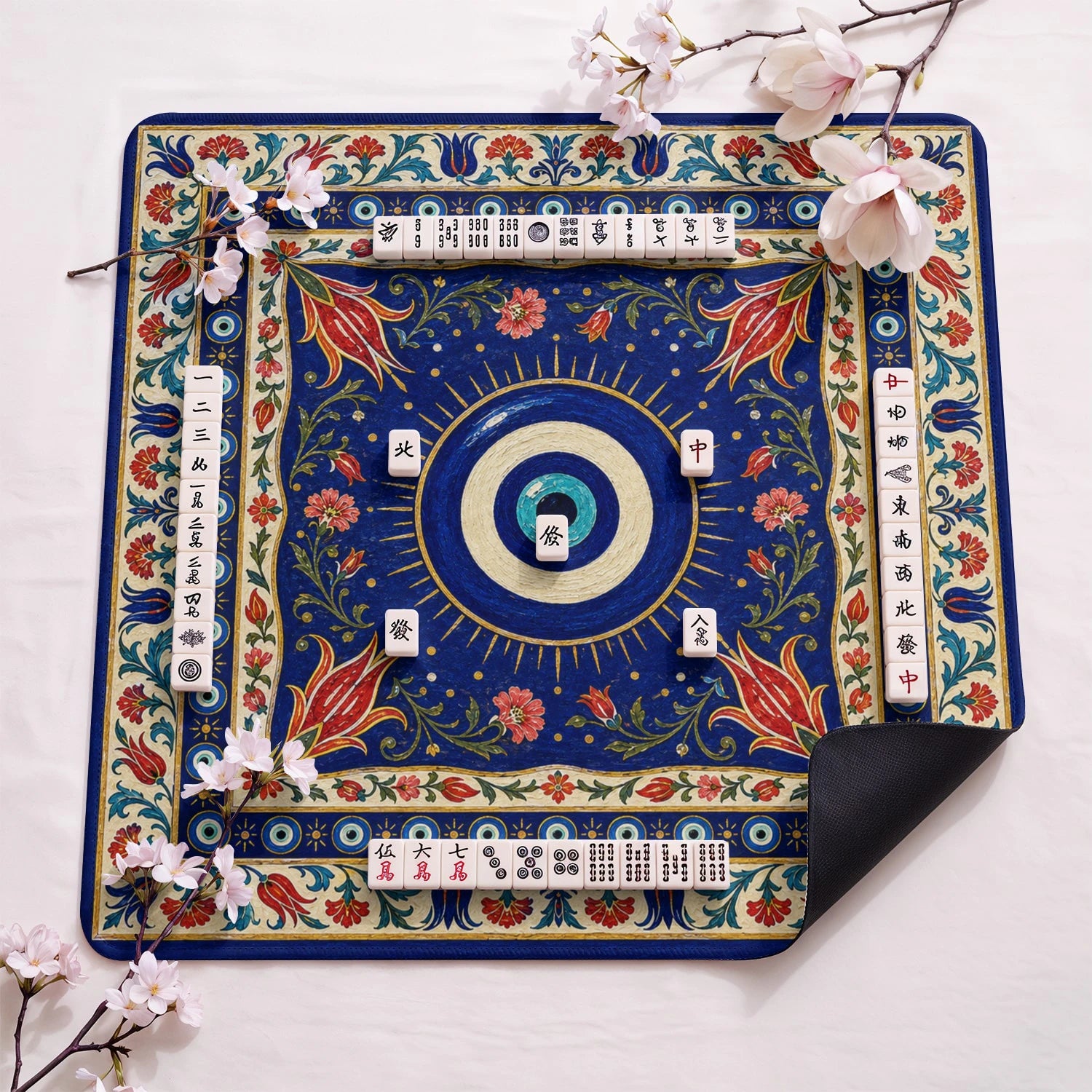 Evil Eye design close-up on mahjong mat surface