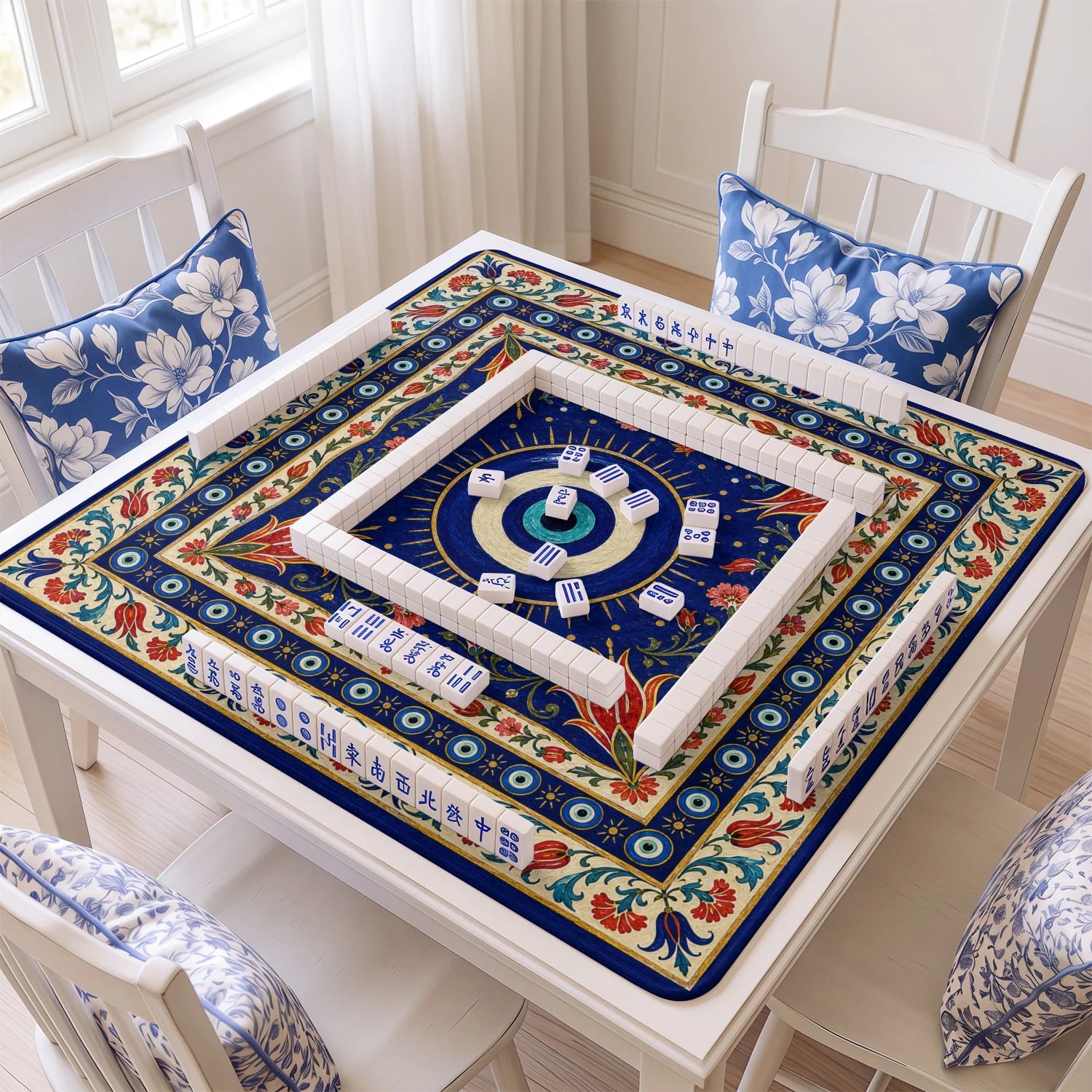 Evil Eye mahjong mat with tiles and racks on the table