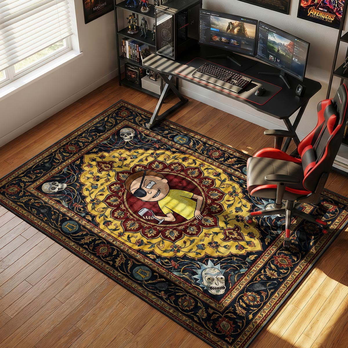 Evil Morty rug placed in a dark study with leather chair and brass desk lamp