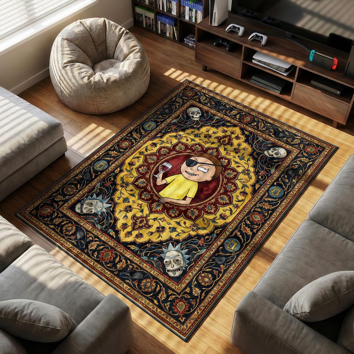 Close-up of Evil Morty area rug showing Rick skull border detail and gold dye-sublimation