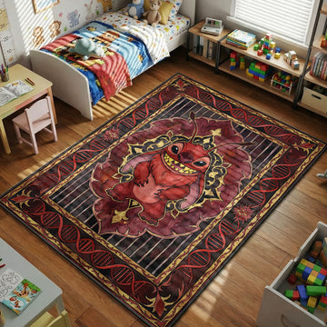 Experiment 627 red Lilo and Stitch area rug with DNA helixes on dark maroon black tapestry
