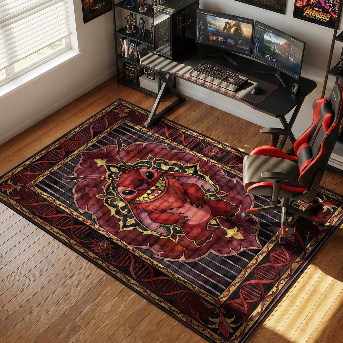 Experiment 627 rug placed in a dark gaming room with red LED accent lighting and black desk