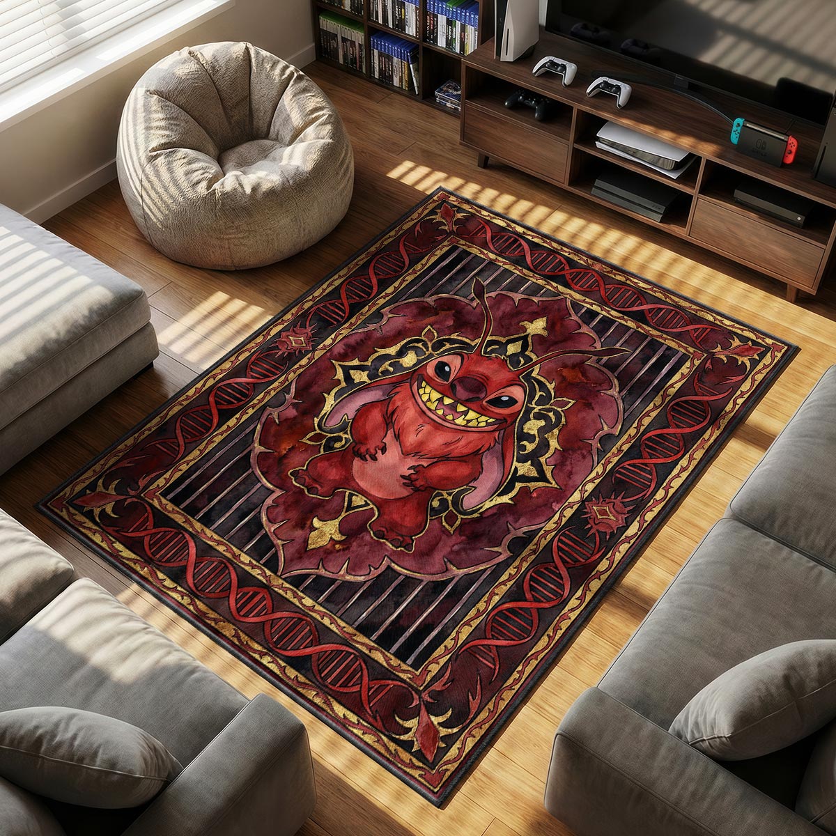 Close-up of Experiment 627 area rug showing DNA helix border and maroon velvet dye-sublimation