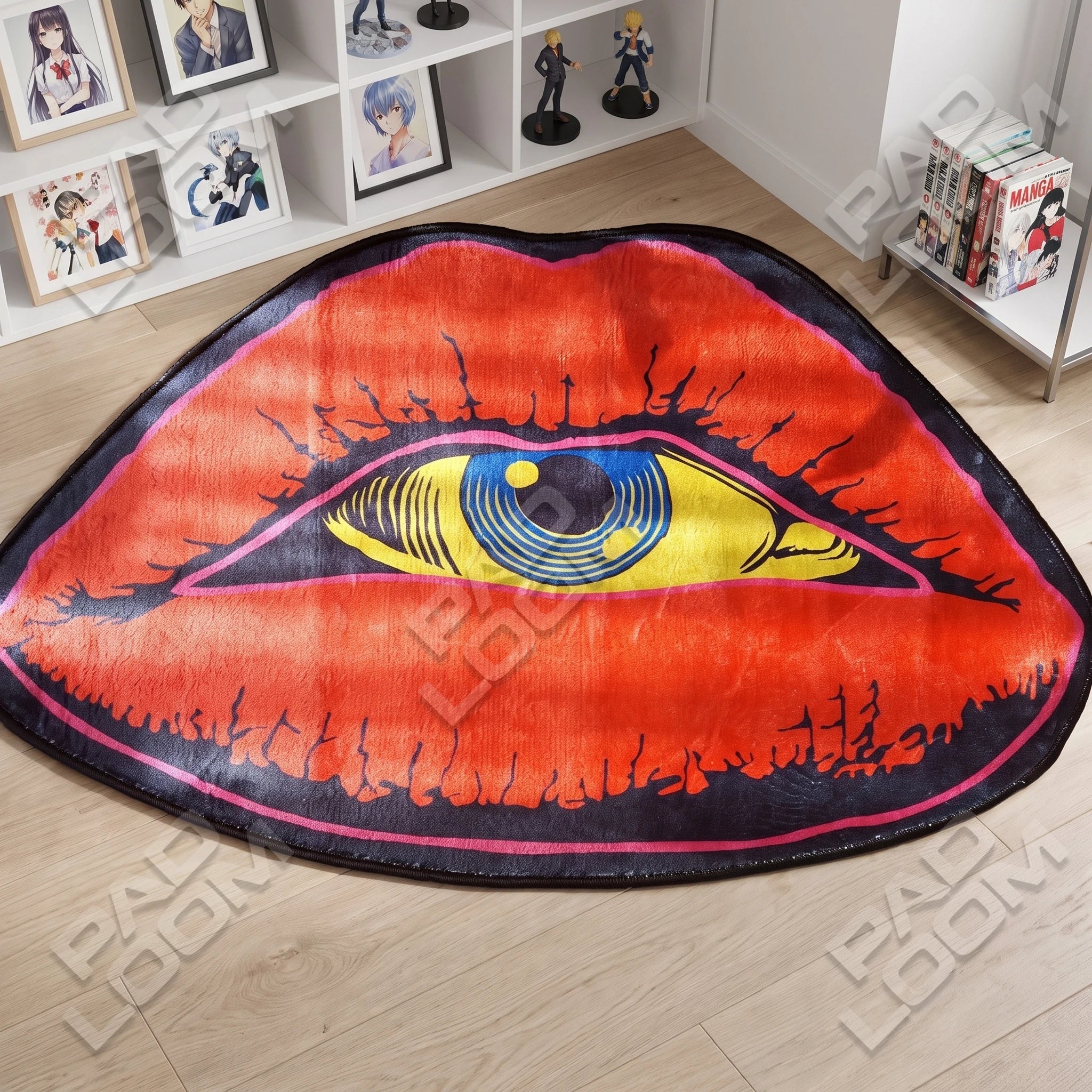 Eye Lips shaped rug shown in a room setting