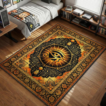 Eye of Horus symbol surrounded by scarabs and hieroglyphics in gold and black Egyptian style gaming area rug and floor mat