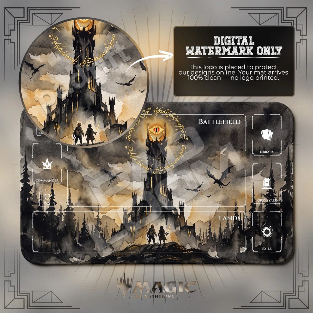 Eye of Sauron Tower MTG playmat with zones; the Padloom watermark is digital only, not printed
