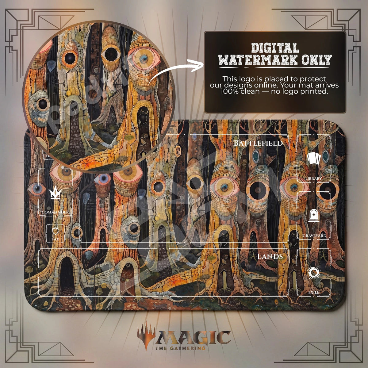 Eye Tree Forest MTG playmat with zones; the Padloom watermark is digital only, not printed