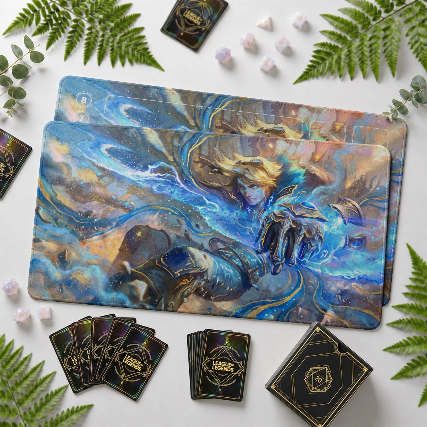 Ezreal Arcane Riftbound TCG playmat with card zones and score track – LoL game mat