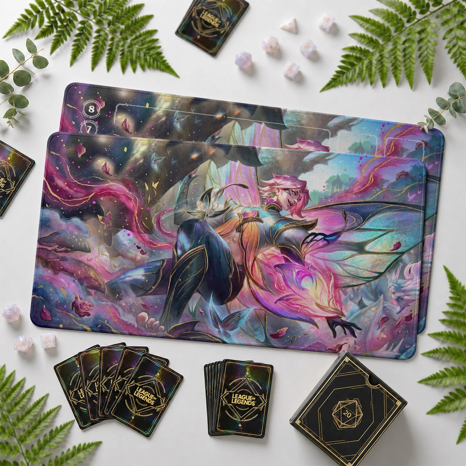 Ezreal Fae Riftbound TCG playmat with card zones and score track – LoL game mat