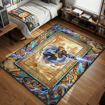 Ezreal jumping through arcane portal with gauntlet ancient ruins background illustrative style gaming area rug and floor mat