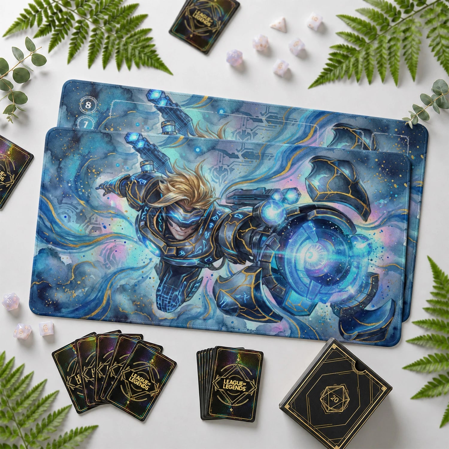 Ezreal PROJECT Riftbound TCG playmat with card zones and score track – LoL game mat