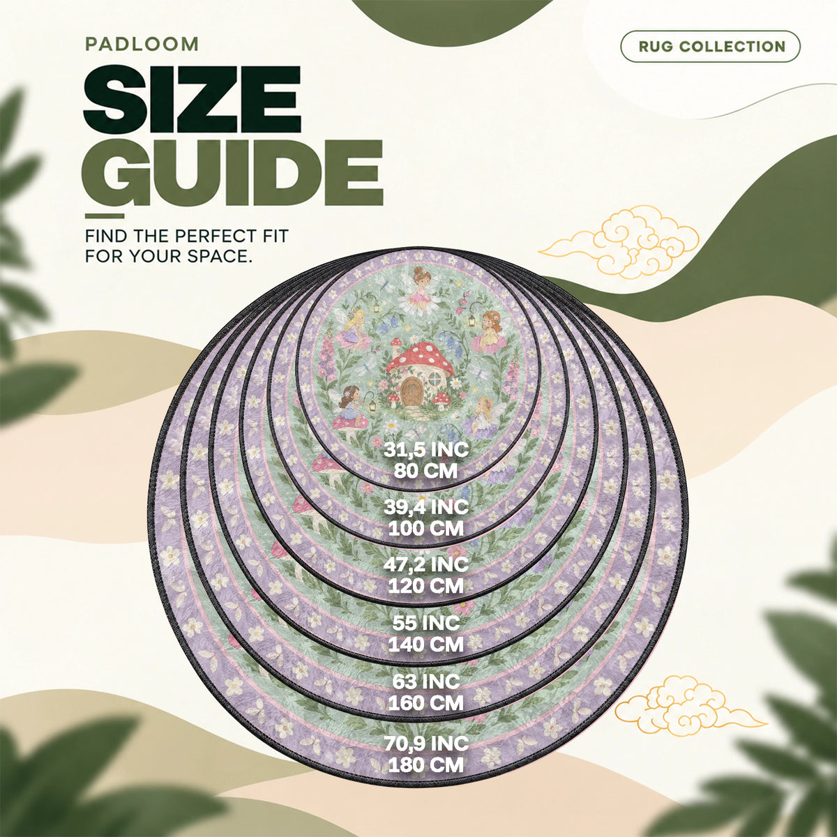 Fairy Mushroom round rug size guide, 80 to 180 cm (31.5 to 70.9 in)