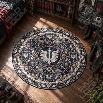 Falcon Heraldic Berserk round rug on a bedroom floor - Berserk chair mat
