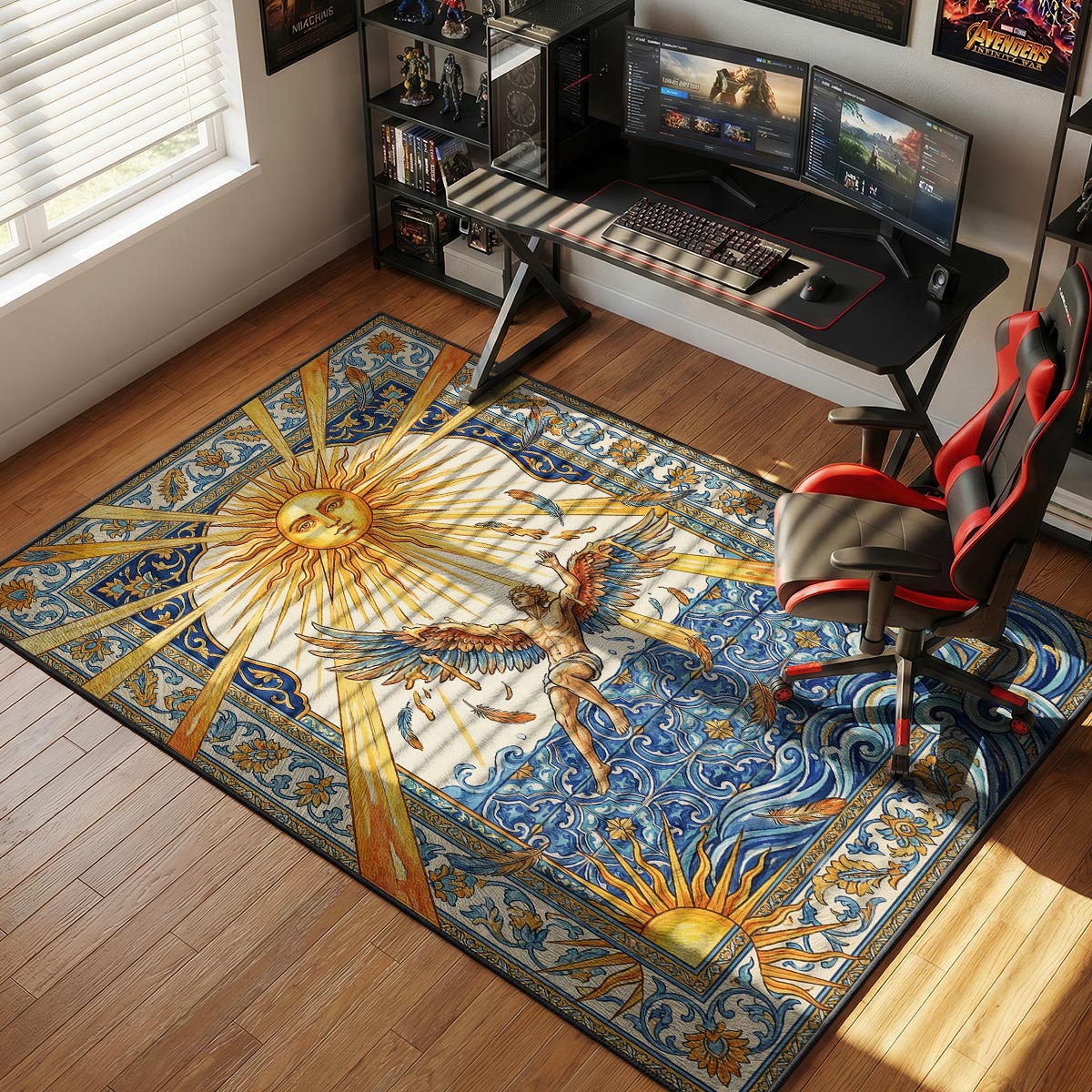 Icarus rug placed in a bright creative studio with warm wood floor and natural light
