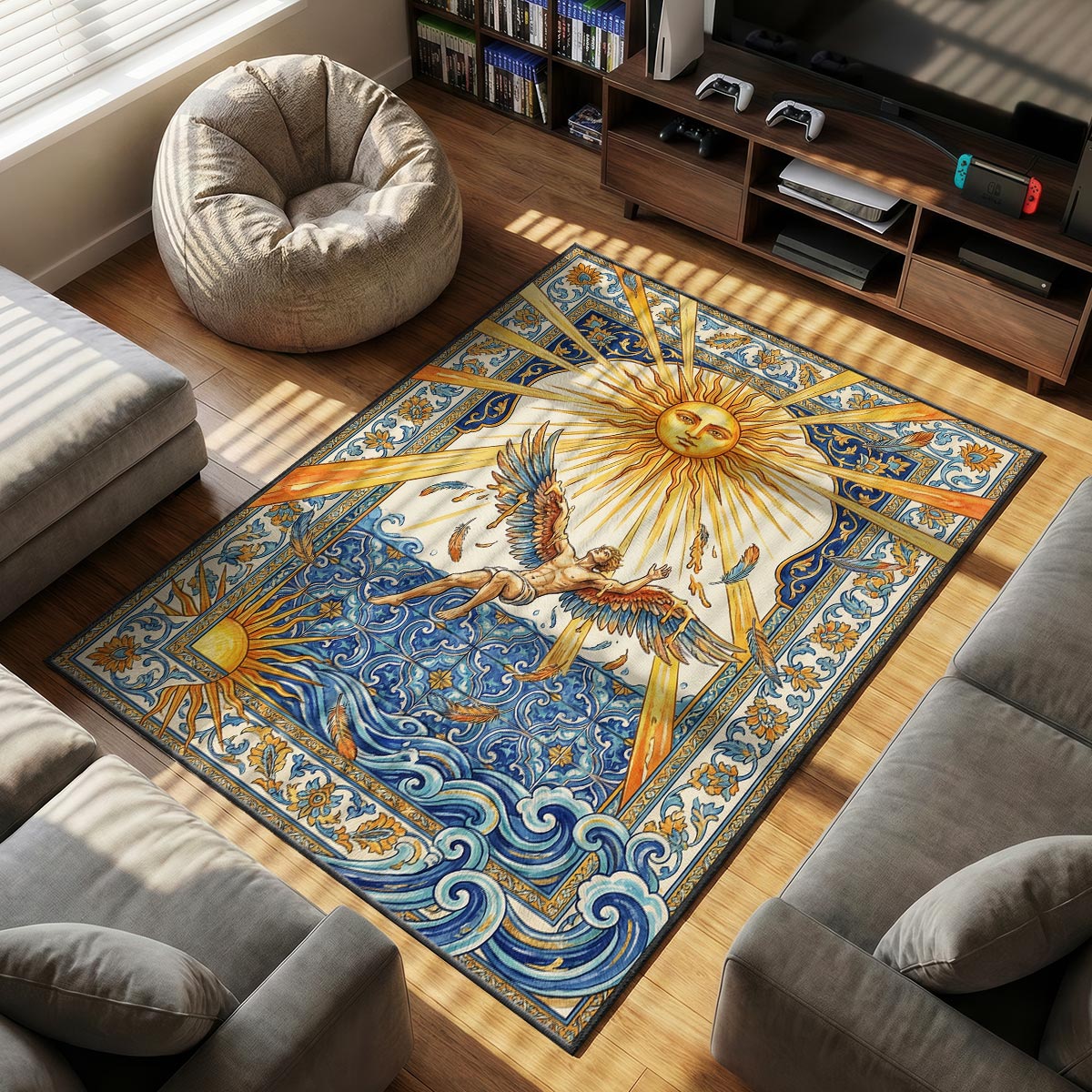 Detail of Icarus rug showing melting wax drip and feather texture on plush dye-sublimation fiber