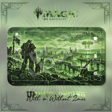Fallout Wasteland MTG playmat, green art with play zones, 24 x 14 in
