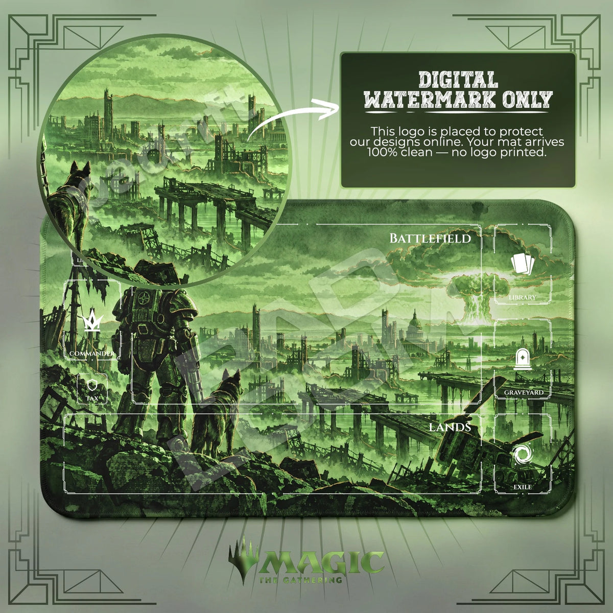Fallout Wasteland MTG playmat with zones; the Padloom watermark is digital only, not printed