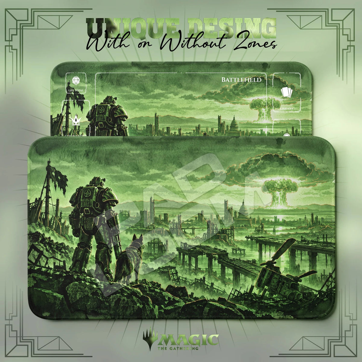 Fallout Wasteland MTG playmat shown with zones and without zones